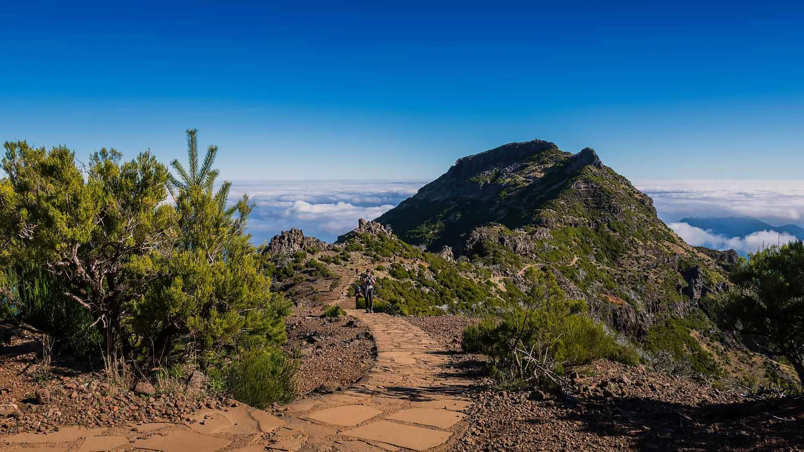 The paved PR1.2 path running along the crest towards the summit