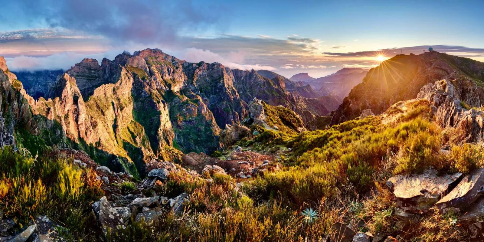 Golden light across the Arieiro pinnacles and the ridge trail